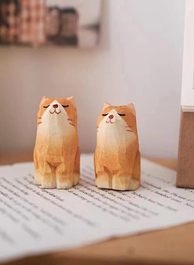 ALHBEJT Wooden Cat Figurines Sculpture Statue Lovely Small Carved Orange Cat Statue Handmade Wood Kitten Art Carving Work for Home Office Decoration (Little Orange Cat) - Image 3